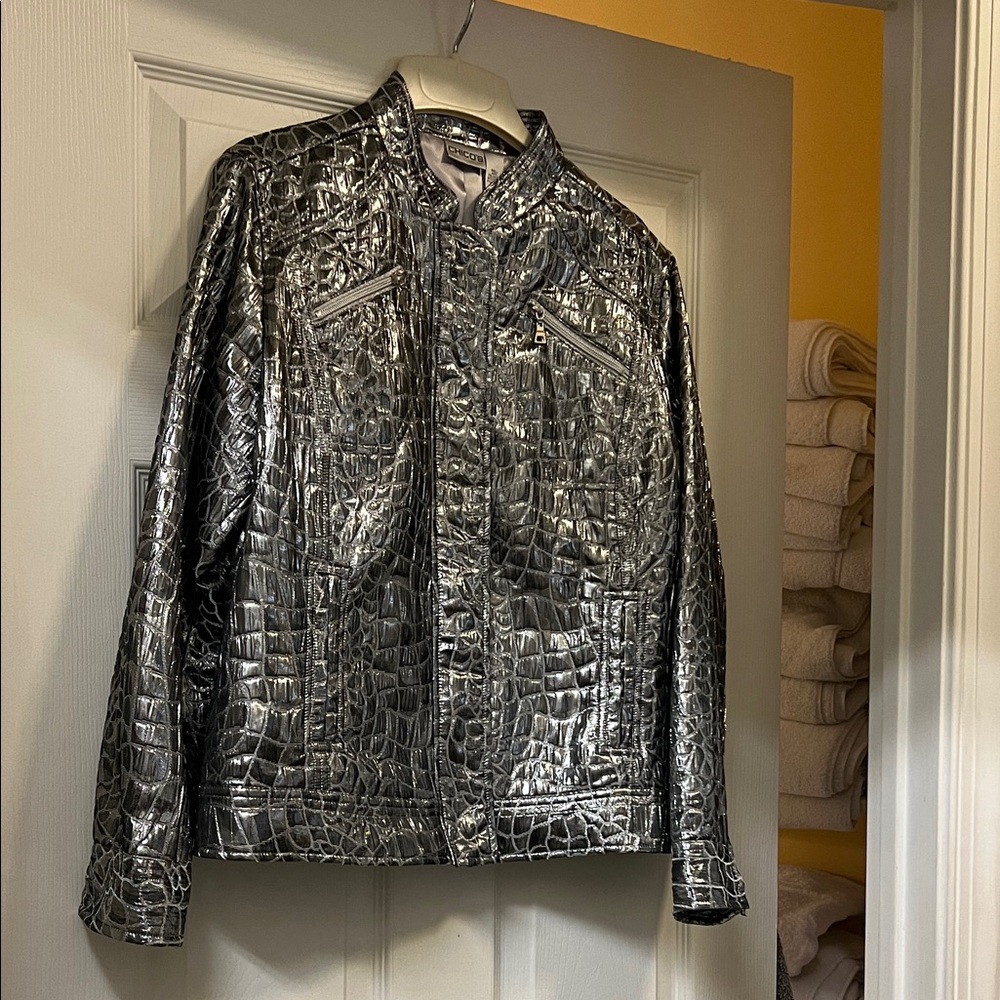 Chico's Metallic Silver Croc-Embossed Jacket